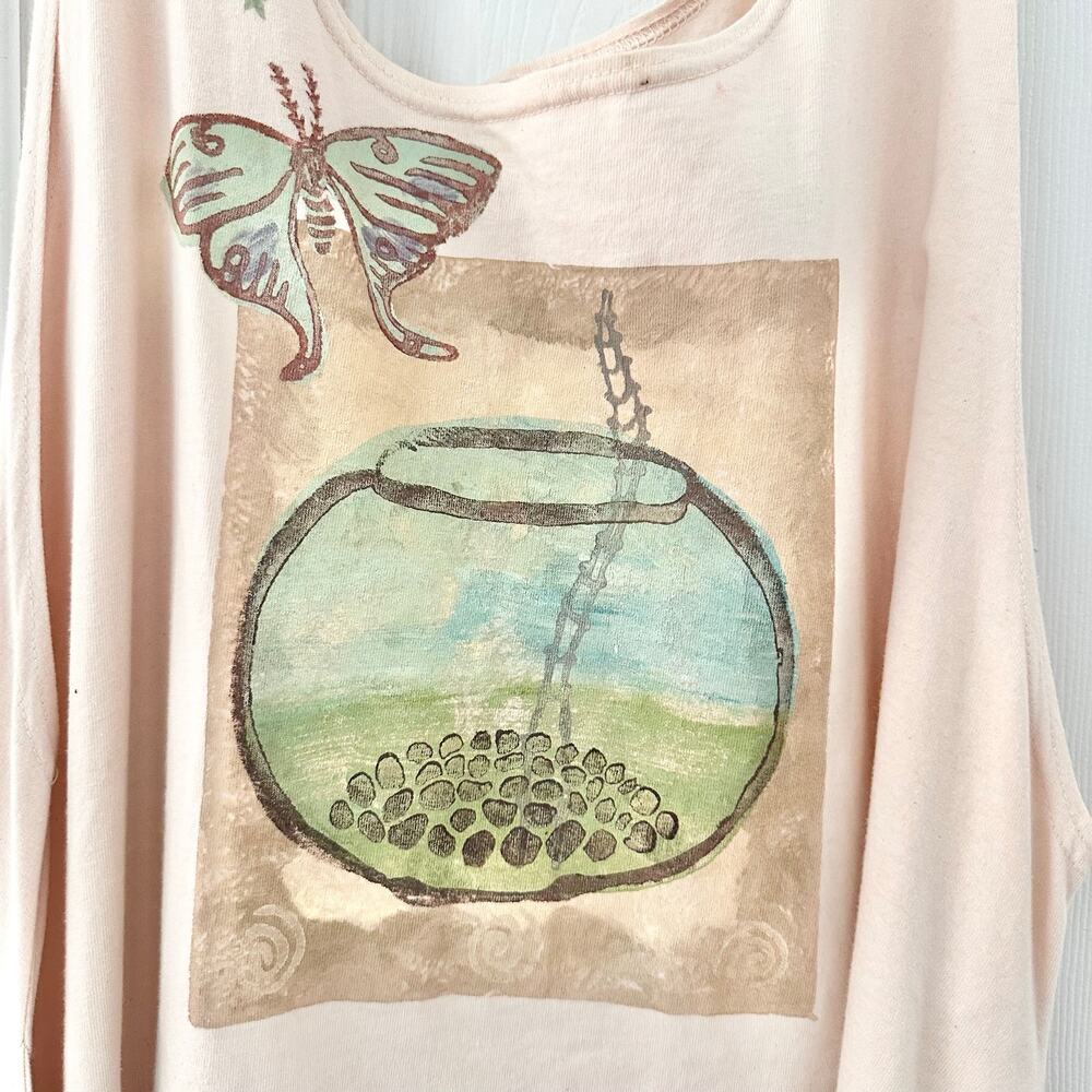 Blue Fish Beige Hand Painted Cotton Long Tank Swing Lagenlook Dress OS Butterfly - Picture 4 of 9